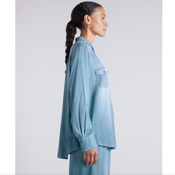 560. SPLENDID x Kate Young Silk Button-Down Denim-Print Shirt $328 NWT XS - Picture 4 of 6